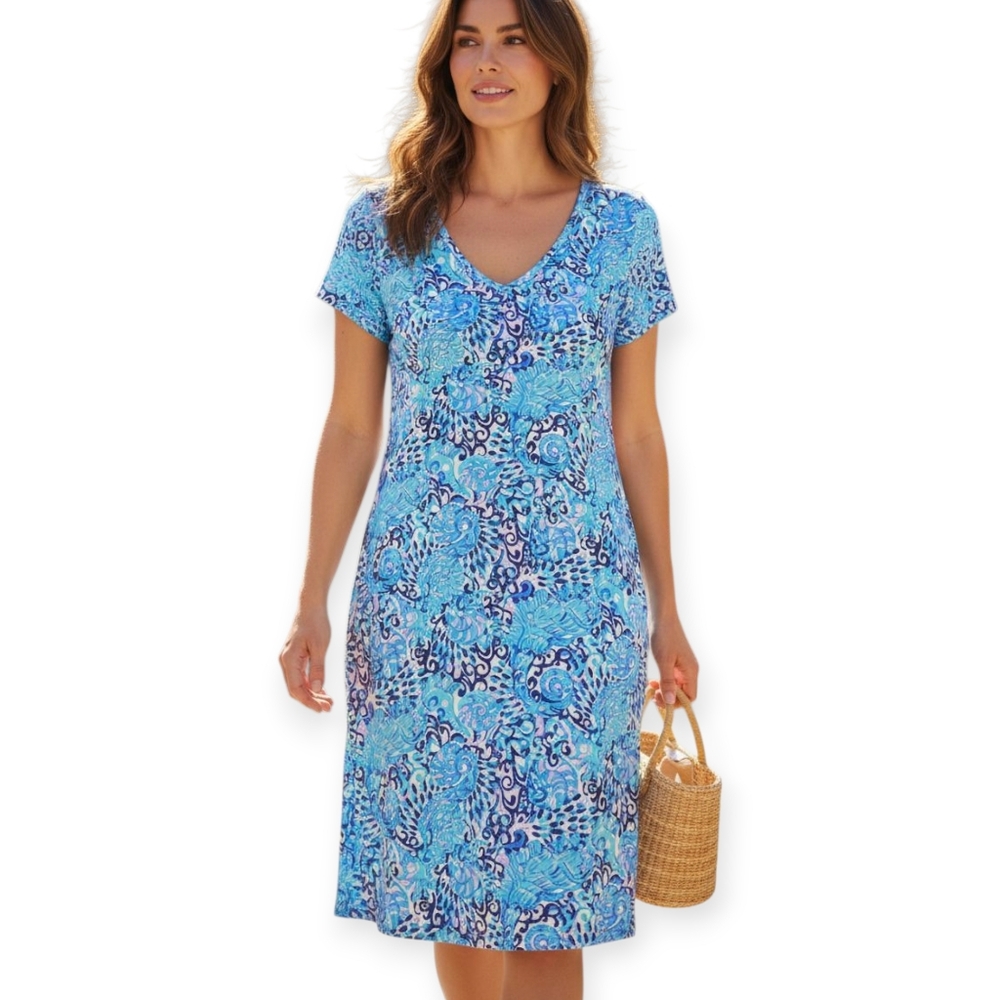Lilly Pulitzer Malin Midi Dress Shell Print Blue Shirt Dress Size XL Vacation